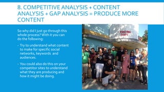8. COMPETITIVE ANALYSIS + CONTENT
ANALYSIS + GAP ANALYSIS = PRODUCE MORE
CONTENT
So why did I just go through this
whole p...