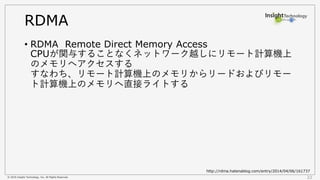 © 2016 Insight Technology, Inc. All Rights Reserved. 22
RDMA
• RDMA Remote Direct Memory Access
CPUが関与することなくネットワーク越しにリモート計算機上
のメモリへアクセスする
すなわち、リモート計算機上のメモリからリードおよびリモー
ト計算機上のメモリへ直接ライトする
http://rdma.hatenablog.com/entry/2014/04/06/161737
 