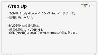 © 2016 Insight Technology, Inc. All Rights Reserved. 42
Wrap Up
• SCMは Intel/Micron の 3D XPoint が一歩リード。
• 価格は高いみたい。
• NVDIMMも規格化途上。
• 規格化済みの NVDIMM-N
SSD(NAND)の10,000倍のLatencyは非常に魅力的。
 