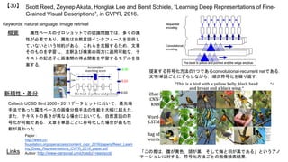 Scott Reed, Zeynep Akata, Honglak Lee and Bernt Schiele, “Learning Deep Representations of Fine-
Grained Visual Descriptions”, in CVPR, 2016.
【30】
Keywords: natural language, image retrival
新規性・差分
概要 属性ベースのゼロショットでの認識問題では，多くの属
性が必要であり，属性は自然言語インタフェースを提供し
ていないという制約がある．これらを克服するため，文章
そのものを学習し，注釈及び検索の両方に適用可能な，テ
キストの記述子と画像間の得点関数を学習するモデルを提
案する．
Links
Paper :
http://www.cv-
foundation.org/openaccess/content_cvpr_2016/papers/Reed_Learn
ing_Deep_Representations_CVPR_2016_paper.pdf
Author :http://www-personal.umich.edu/~reedscot/ 「この鳥は，腹が黄色，頭が黒，そして胸と羽が黒である」というアノ
テーションに対する，符号化方法ごとの画像検索結果．
Caltech UCSD Bird 2000 - 2011データセットにおいて，最先端
手法であった属性ベースの画像分類手法の性能を大幅に超えた．
また，テキストの長さが異なる場合においても，自然言語の符
号化が可能である．文章を単語ごとに符号化した場合が最も性
能が良かった．
提案する符号化方法の1つであるconvolutional-recurrent netである．
文字/単語ごとにずらしながら，順次符号化を繰り返す．
 