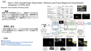 Kevin J. Shih, Saurabh Singh, Derek Hoiem, “Where to Look: Focus Regions for Visual Question
Answering”, in CVPR, 2016.
【4】
Keywords: Visual Question Answering (VQA)
新規性・差分
概要
画像に対する質問回答に対して，「画像のどこをみればよ
いのか」という位置を特定する研究である．画像特徴や文
章のキーワード特徴の対応づけや重み付けによりキーワー
ドに対する画像領域に対して顕著性のようなヒートマップ
を生することができる．
・言語と画像の入力から，どこをみれば良いのかまた画像
に対する質問回答に対して効果的なアプローチを提供でき
ていると言える
Links
論文 http://www.cv-
foundation.org/openaccess/content_cvpr_2016/papers/Shih_W
here_to_Look_CVPR_2016_paper.pdf
VQAサーベイ http://iamaaditya.github.io/research/literature/
 