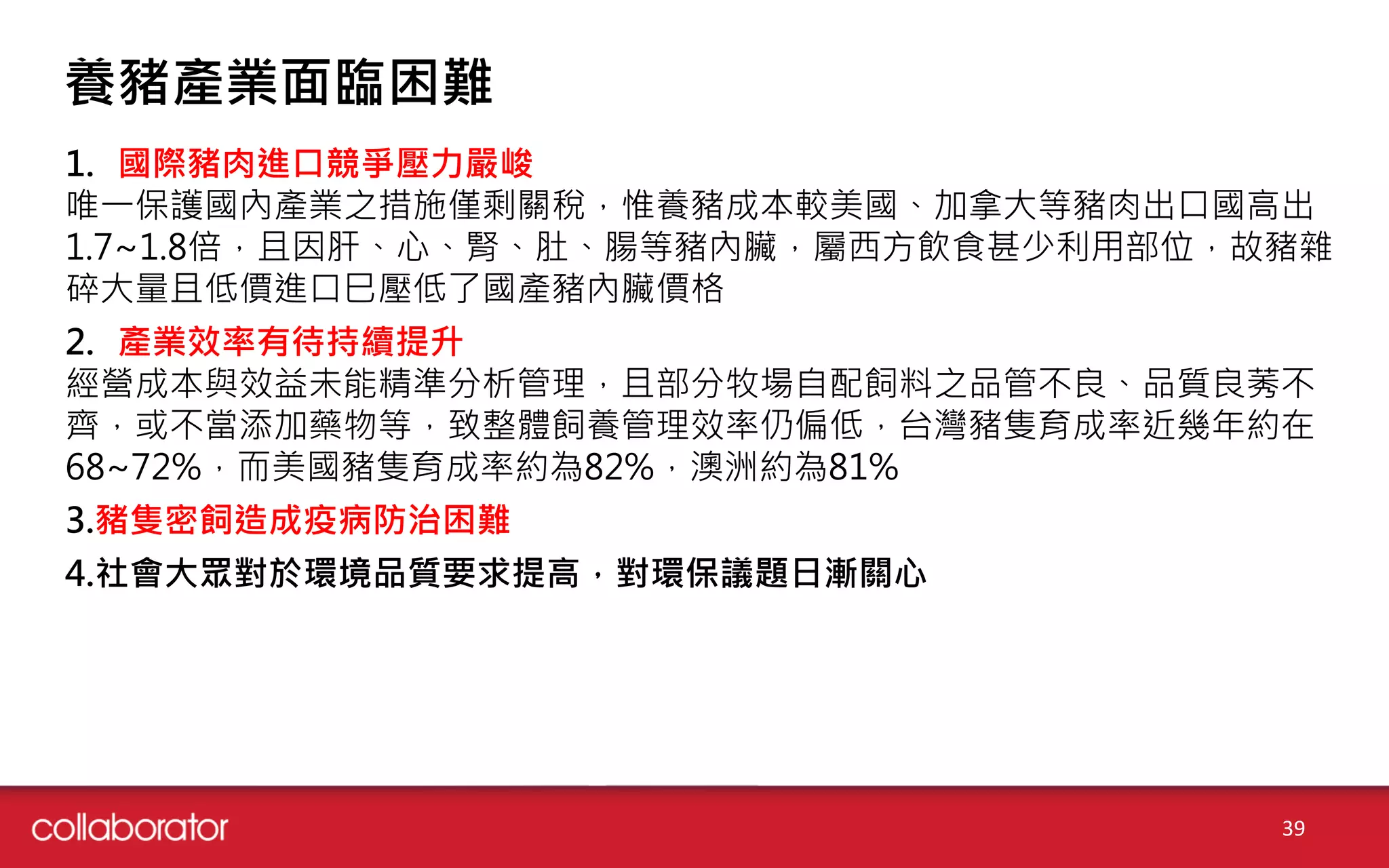 養豬產業面臨困難
1. 國際豬肉進口競爭壓力嚴峻
唯一保護國內產業之措施僅剩關稅，惟養豬成本較美國、加拿大等豬肉出口國高出
1.7~1.8倍，且因肝、心、腎、肚、腸等豬內臟，屬西方飲食甚少利用部位，故豬雜
碎大量且低價進口巳壓低了國產豬內臟價格
2. 產業效率有待持續提升
經營成本與效益未能精準分析管理，且部分牧場自配飼料之品管不良、品質良莠不
齊，或不當添加藥物等，致整體飼養管理效率仍偏低，台灣豬隻育成率近幾年約在
68~72%，而美國豬隻育成率約為82%，澳洲約為81%
3.豬隻密飼造成疫病防治困難
4.社會大眾對於環境品質要求提高，對環保議題日漸關心
39
 