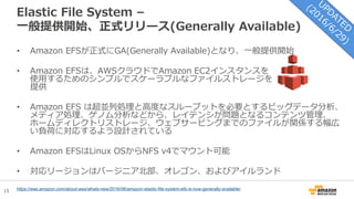 15
Elastic File System –
一般提供開始、正式リリース(Generally Available)
• Amazon EFSが正式にGA(Generally Available)となり、一般提供開始
• Amazon EFSは、AWSクラウドでAmazon EC2インスタンスを
使用するためのシンプルでスケーラブルなファイルストレージを
提供
• Amazon EFS は超並列処理と高度なスループットを必要とするビッグデータ分析、
メディア処理、ゲノム分析などから、レイテンシが問題となるコンテンツ管理、
ホームディレクトリストレージ、ウェブサービングまでのファイルが関係する幅広
い負荷に対応するよう設計されている
• Amazon EFSはLinux OSからNFS v4でマウント可能
• 対応リージョンはバージニア北部、オレゴン、およびアイルランド
https://aws.amazon.com/about-aws/whats-new/2016/06/amazon-elastic-file-system-efs-is-now-generally-available/
 