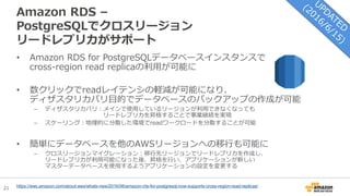21
Amazon RDS –
PostgreSQLでクロスリージョン
リードレプリカがサポート
• Amazon RDS for PostgreSQLデータベースインスタンスで
cross-region read replicaの利用が可能に
• 数クリックでreadレイテンシの軽減が可能になり、
ディザスタリカバリ目的でデータベースのバックアップの作成が可能
– ディザスタリカバリ：メインで使用しているリージョンが利用できなくなっても
リードレプリカを昇格することで事業継続を実現
– スケーリング：地理的に分散した環境でreadワークロードを分散することが可能
• 簡単にデータベースを他のAWSリージョンへの移行も可能に
– クロスリージョンマイグレーション：移行先リージョンでリードレプリカを作成し、
リードレプリカが利用可能になった後、昇格を行い、アプリケーションが新しい
マスターデータベースを使用するようアプリケーションの設定を変更する
https://aws.amazon.com/about-aws/whats-new/2016/06/amazon-rds-for-postgresql-now-supports-cross-region-read-replicas/
 