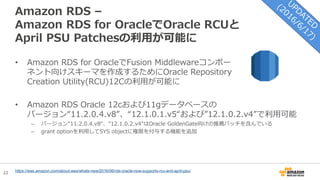 22
Amazon RDS –
Amazon RDS for OracleでOracle RCUと
April PSU Patchesの利用が可能に
• Amazon RDS for OracleでFusion Middlewareコンポー
ネント向けスキーマを作成するためにOracle Repository
Creation Utility(RCU)12Cの利用が可能に
• Amazon RDS Oracle 12cおよび11gデータベースの
バージョン“11.2.0.4.v8”、“12.1.0.1.v5“および”12.1.0.2.v4”で利用可能
– バージョン“11.2.0.4.v8“、”12.1.0.2.v4”はOracle GoldenGate向けの推薦パッチを含んでいる
– grant optionを利用してSYS objectに権限を付与する機能を追加
https://aws.amazon.com/about-aws/whats-new/2016/06/rds-oracle-now-supports-rcu-and-april-psu/
 