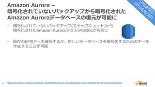 23
Amazon Aurora –
暗号化されていないバックアップから暗号化された
Amazon Auroraデータベースの復元が可能に
• 暗号化されていないバックアップ(スナップショット)から
暗号化されたAmazon Auroraクラスタの復元が可能に
• 既存のKMSキーを選択するか、新しいデータベースを暗号化するためのキーを
作成することが可能
https://aws.amazon.com/about-aws/whats-new/2016/06/restore-an-encrypted-amazon-aurora-database-from-an-unencrypted-backup/
 