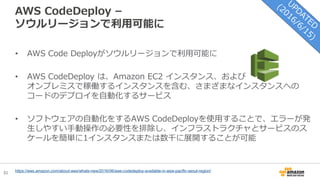 31
AWS CodeDeploy –
ソウルリージョンで利用可能に
• AWS Code Deployがソウルリージョンで利用可能に
• AWS CodeDeploy は、Amazon EC2 インスタンス、および
オンプレミスで稼働するインスタンスを含む、さまざまなインスタンスへの
コードのデプロイを自動化するサービス
• ソフトウェアの自動化をするAWS CodeDeployを使用することで、エラーが発
生しやすい手動操作の必要性を排除し、インフラストラクチャとサービスのス
ケールを簡単に1インスタンスまたは数千に展開することが可能
https://aws.amazon.com/about-aws/whats-new/2016/06/aws-codedeploy-available-in-asia-pacific-seoul-region/
 