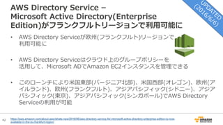 42
AWS Directory Service –
Microsoft Active Directory(Enterprise
Edition)がフランクフルトリージョンで利用可能に
• AWS Directory Serviceが欧州(フランクフルト)リージョンで
利用可能に
• AWS Directory Serviceはクラウド上のグループポリシーを
活用して、Microsoft ADでAmazon EC2インスタンスを管理できる
• このローンチにより米国東部(バージニア北部)、米国西部(オレゴン)、欧州(ア
イルランド)、欧州(フランクフルト)、アジアパシフィック(シドニー)、アジア
パシフィック(東京)、アジアパシフィック(シンガポール)でAWS Directory
Serviceの利用が可能
https://aws.amazon.com/about-aws/whats-new/2016/06/aws-directory-service-for-microsoft-active-directory-enterprise-edition-is-now-
available-in-the-eu-frankfurt-region/
 
