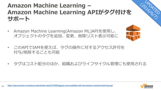 47
Amazon Machine Learning –
Amazon Machine Learning APIがタグ付けを
サポート
• Amazon Machine Learning(Amazon ML)APIを使用し、
オブジェクトのタグを追加、変更、削除リスト表示可能に
• このAPIでIAMを使えば、タグの操作に対するアクセス許可を
付与/削除することも可能
• タグはコスト配分のほか、組織およびライフサイクル管理にも使用される
https://aws.amazon.com/about-aws/whats-new/2016/06/tagging-now-available-with-the-amazon-machine-learning-api/
 
