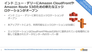 5
インド ニュー・デリーにAmazon CloudFrontや
Amazon Route 53のための新たなエッジ
ロケーションがオープン
• インド ニュー・デリーに新たなエッジロケーションが
オープン
• 本アップデートにより、利用可能なエッジロケーションは56個に
• エッジロケーションはCloudFrontやRoute53向けに提供されている地理的に分
散して配置されたデータセンター内のサーバー群
https://aws.amazon.com/about-aws/whats-new/2016/06/new-edge-location-in-new-delhi-india-for-amazon-cloudfront-and-amazon-route-53/
 