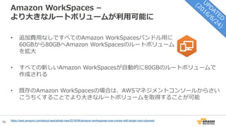 56
Amazon WorkSpaces –
より大きなルートボリュームが利用可能に
• 追加費用なしですべてのAmazon WorkSpacesバンドル用に
60GBから80GBへAmazon WorkSpacesのルートボリューム
を拡大
• すべての新しいAmazon WorkSpacesが自動的に80GBのルートボリュームで
作成される
• 既存のAmazon WorkSpacesの場合は、AWSマネジメントコンソールから再構
築することでより大きなルートボリュームを取得することが可能
https://aws.amazon.com/about-aws/whats-new/2016/06/amazon-workspaces-now-comes-with-larger-root-volumes/
 