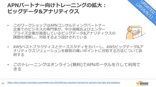 58
APNパートナー向けトレーニングの拡大：
ビッグデータ&アナリティクス
• このワークショップはAPNコンサルティングパートナー
企業でのビジネスの専門家が、中小規模およびエンター
プライズ企業が直面しているビッグデータ&アナリティクスの
課題を理解し、対処するよう設計されている
• AWSベストプラクティスとケーススタディをカバーし、AWSビッグデータ&ア
ナリティクスソリューションを顧客の痛いポイントに対処する方法について説
明する
• このトレーニングはオンライン(無料)でAPNポータルを介して利用で
きる
https://aws.amazon.com/about-aws/whats-new/2016/06/aws-solutions-training-for-partners-big-data-and-analytics/
 