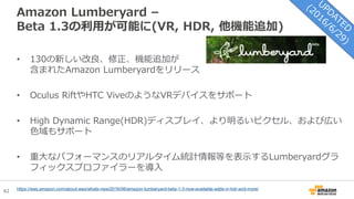 62
Amazon Lumberyard –
Beta 1.3の利用が可能に(VR, HDR, 他機能追加)
https://aws.amazon.com/about-aws/whats-new/2016/06/amazon-lumberyard-beta-1-3-now-available-adds-vr-hdr-and-more/
• 130の新しい改良、修正、機能追加が
含まれたAmazon Lumberyardをリリース
• Oculus RiftやHTC ViveのようなVRデバイスをサポート
• High Dynamic Range(HDR)ディスプレイ、より明るいピクセル、および広い
色域もサポート
• 重大なパフォーマンスのリアルタイム統計情報等を表示するLumberyardグラ
フィックスプロファイラーを導入
 