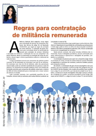 Artigo "Regras para contratação de militância remunerada" (Fernanda Caprio) Revista Republicana julho/2016