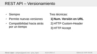 ORACLE OTN TOURAlexis López - aalopez@gmail.com - @aa_lopez AGO-2016 v1
REST API – Versionamiento
✔ Siempre
✔ Permite nuevas versiones
✔ Compatibilidad hacia atrás
por un tiempo
Tres técnicas:
1) Num. Versión en URL
2) HTTP Custom-Header
3) HTTP Accept
 