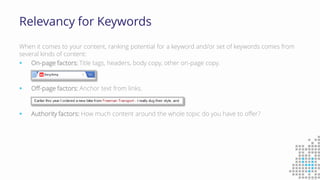 Relevancy for Keywords
When it comes to your content, ranking potential for a keyword and/or set of keywords comes from
several kinds of content:
 On-page factors: Title tags, headers, body copy, other on-page copy.
 Off-page factors: Anchor text from links.
 Authority factors: How much content around the whole topic do you have to offer?
 