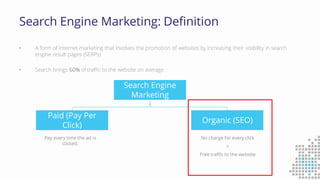 Search Engine Marketing: Definition
• A form of Internet marketing that involves the promotion of websites by increasing their visibility in search
engine result pages (SERPs)
• Search brings 60% of traffic to the website on average.
Search Engine
Marketing
Paid (Pay Per
Click)
Organic (SEO)
Pay every time the ad is
clicked.
No charge for every click
=
Free traffic to the website
 