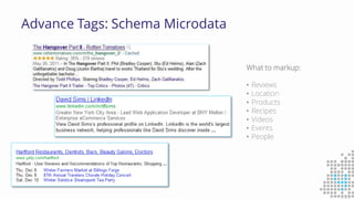 Advance Tags: Schema Microdata
What to markup:
• Reviews
• Location
• Products
• Recipes
• Videos
• Events
• People
 