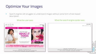 Optimize Your Images
 Search engines still struggles to understand images without some form of text-based
description.
What the user sees What the search engine spider sees
 