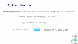 SEO: The Definition
Search Engine Optimization is the of increasing the of a website withinart & science prominence
relevant search engine results where its
is searchingtarget audience
High keyword ranking Increase of website visits
 
