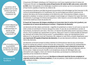 Template
Arrière plan
L’impression 3D d’objets métalliques est l’industrie qui croit la plus rapidement dans le secteur de
l’impression 3D avec une hausse des ventes d’imprimantes 3D métal de 48% cette année, contre 32%
en 2015. Avec l’aérospatiale et la métallurgie, la joaillerie est le secteur qui tire la croissance des ventes
d’imprimantes capables d’imprimer du métal en 3D.
Les producteurs de bijoux sont déjà de grands consommateurs de technologies qui font intervenir la 3D,
comme la stéréolithographie et la modélisation 3D. Ces technologies permettent notamment de
produire des bijoux aux formes complexes et de réduire les coûts de production d’objets uniques à
géométrie complexe. Le secteur est enclin à adopter la technologie car il dispose d’un savoir-faire dans
le traitement, le polissage et la finition de bijoux bruts. Cette industrie consomme déjà 49% des parts de
marché des matériaux à base de poudre d’or.
Si l’avenir de l’impression 3D d’objets métalliques se trouve donc dans le secteur de la joaillerie, une
innovation est en mesure de bouleverser le secteur : l’impression de diamants.
Les diamants sont des objets controversés : magnifiés et symbolisant un statut, ils sont aussi au cœur de
luttes armées et contribuent à financer des guerres civiles. En plus de ces considérations sociales et
humanitaires, les diamants sont chers. Très chers. Un diamant de petite taille revient à plusieurs milliers
d’euros, d’où le symbole que représentent ces pierres. Mais qu’en serait-il s’il était possible de fabriquer
des diamants de la taille et de la forme voulue ? Lockheed Martin, acteur de l’aérospatiale et de la
défense et l’un des grands noms de l’impression 3D, a déposé en août 2016 un brevet d’application pour
une imprimante 3D capable d’imprimer des diamants. Ce sont des diamants artificiels, mais tout de
même des diamants.
Les diamants se forment lorsque la chaleur extrême et la forte pression dans le sous-sol terrestre
forcent les atomes de carbone à se lier et former des cristaux durs. L’imprimante de Lockheed Martin
utilise un polymère à base de carbone qui présente des similarités avec le diamant en termes de
structure. Des couches successives de polymères et de céramique en poudre sont déposées selon la
forme voulue. L’objet est ensuite chauffé à une température de plus de 100 degrés dans une
atmosphère sans oxygène, créant une réaction de pyrolyse, qui provoque la cristallisation des
polymères et les transforme en diamant.
Il devrait bientôt être possible d’imprimer des bijoux en diamants ayant des formes complexes et
originales et de les mêler à d’autres matières. Un peu de patience, cette réalité ne prendra forme que
dans quelques années.
Un brevet déposé par
une entreprise
d’aéronautique, en
pointe sur les
technologie
d’impression 3D
Cette innovation ouvre
la possibilité
d’imprimer des bijoux
en diamant de forme
complexe
#impression3D
#joaillerie
http://www.3dnatives.com/diamant-impression-3d-23082016/
https://3dprint.com/144859/metal-3dp-fastest-growing/
Le secteur de la
joaillerie est l’un des
secteurs qui tire la
croissance de
l’impression 3D
 