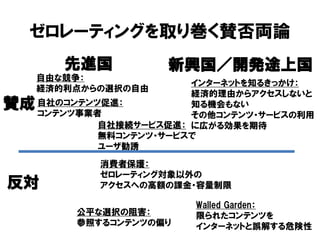 ゼロレーティングを取り巻く賛否両論
賛成
反対
先進国 新興国／開発途上国
自由な競争：
経済的利点からの選択の自由
消費者保護：
ゼロレーティング対象以外の
アクセスへの高額の課金・容量制限
インターネットを知るきっかけ：
経済的理由からアクセスしないと
知る機会もない
その他コンテンツ・サービスの利用
に広がる効果を期待
自社のコンテンツ促進：
コンテンツ事業者
自社接続サービス促進：
無料コンテンツ・サービスで
ユーザ勧誘
Walled Garden：
限られたコンテンツを
インターネットと誤解する危険性
公平な選択の阻害：
参照するコンテンツの偏り
 