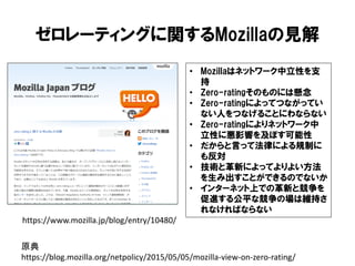ゼロレーティングに関するMozillaの見解
• Mozillaはネットワーク中立性を支
持
• Zero-ratingそのものには懸念
• Zero-ratingによってつながってい
ない人をつなげることにわならない
• Zero-ratingによりネットワーク中
立性に悪影響を及ぼす可能性
• だからと言って法律による規制に
も反対
• 技術と革新によってよりよい方法
を生み出すことができるのでないか
• インターネット上での革新と競争を
促進する公平な競争の場は維持さ
れなければならない
https://www.mozilla.jp/blog/entry/10480/
原典
https://blog.mozilla.org/netpolicy/2015/05/05/mozilla-view-on-zero-rating/
 