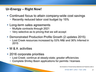 NYSE MKT: URG • TSX: URE
 Continued focus to attain company-wide cost savings
• Recently reduced labor cost budget by 15%
 Long-term sales agreements
• Multiple contracts through 2021
• Very selective as to pricing that we will accept
 Demonstrated Production Profile Growth (2 updates 2015)
• Lost Creek resources increased by 53% M&I and 36% Inferred in
2015
 M & A activities
 2016 corporate priorities
• Lost Creek: continue at steady-state; greater efficiencies
• Complete Shirley Basin applications for permits / licenses
21
See Disclaimer re Forward-looking Statements and Projections (slide 2)
 