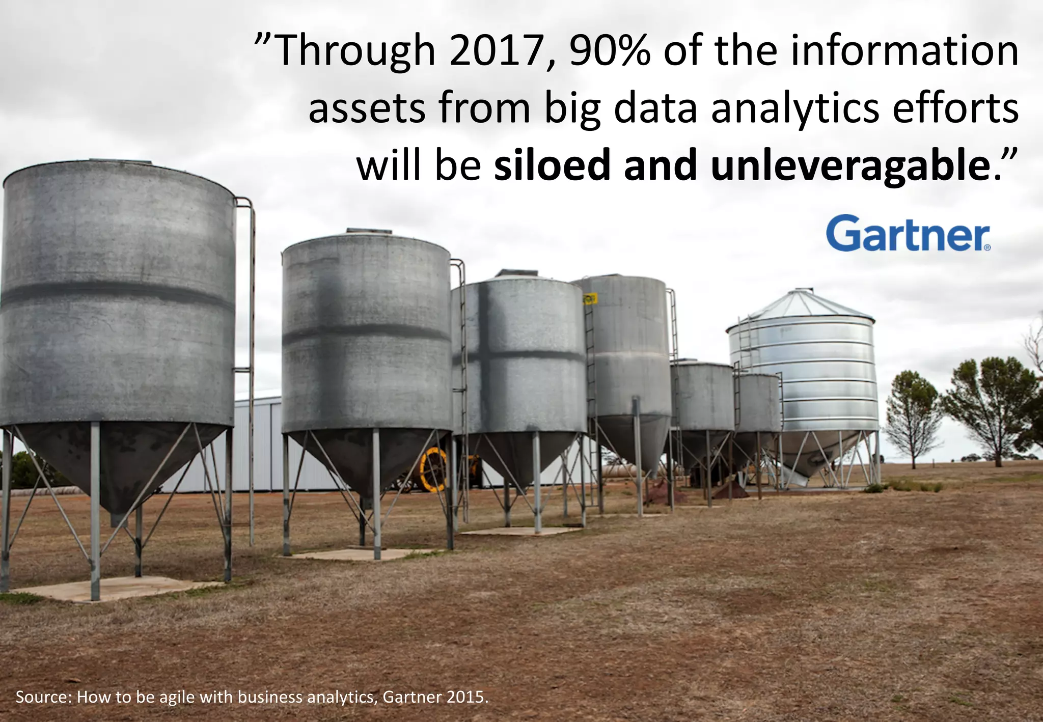 3
”Through	
  2017,	
  90%	
  of	
  the	
  information	
  
assets	
  from	
  big	
  data	
  analytics	
  efforts	
  
will	
  be	
  siloed and	
  unleveragable.”
Source:	
  How	
  to	
  be	
  agile	
  with	
  business	
  analytics,	
  Gartner	
  2015.
 