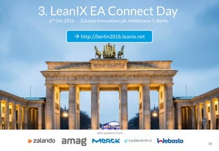 38
with speakers from …
3. LeanIX EA Connect Day
à http://berlin2016.leanix.net
6th Oct 2016 - Zalando Innovation Lab, Mollstrasse 1, Berlin
 