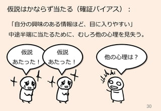 30	
仮説はかならず当たる（確証バイアス）：
「⾃自分の興味のある情報ほど、⽬目に⼊入りやすい」
中途半端に当たるために、むしろ他の⼼心理理を⾒見見失う。
仮説
あたった！
他の⼼心理理は？
仮説
あたった！
 