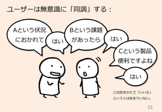 33	
ユーザーは無意識識に「同調」する：
Aという状況
におかれて はい
Bという課題
があったら はい
Cという製品
便便利利ですよね
はい
この訊きかたで「いいえ」
という⼈人はあまりいない。
 
