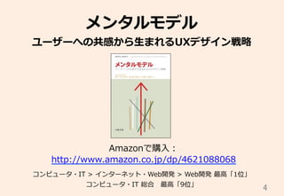 4	
メンタルモデル
ユーザーへの共感から⽣生まれるUXデザイン戦略略
Amazonで購⼊入：
http://www.amazon.co.jp/dp/4621088068
コンピュータ・IT  >  インターネット・Web開発  >  Web開発  最⾼高「1位」
コンピュータ・IT  総合 　最⾼高「9位」
 