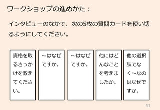 41	
ワークショップの進めかた：
インタビューのなかで、次の5枚の質問カードを使い切切
るようにしてください。
資格を取
るきっか
けを教え
てくださ
い。
〜～はなぜ
ですか。
〜～はなぜ
ですか。
他の選択
肢でな
く〜～なの
はなぜで
すか。
他にはど
んなこと
を考えま
したか。
 