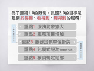 為了彌補1.0的限制，長照2.0的目標是
建構找得到、看得到、用得到的服務！
重點1 服務對象擴大
重點3 服務提供單位掛牌
重點4 核銷規定鬆綁
服
務
單
位
請
留
意
重點2 服務項目增加
一
般
民
眾
請
留
意
 