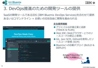 © 2016 IBM Corporation
14
IBM Bluemix
www.bluemix.net
3. DevOps推進のための開発ツールの提供
SaaSの開発ツールであるIDS (IBM Bluemix DevOps Services)を合わせて提供
あるいはコマンドライン + お使いのIDE自由に開発を進められる
主な提供機能
 アジャイルな計画立案と追跡
(TRACK & PLAN)
 Web IDE (Webブラウザー上でのソ
ースコードの修正と管理)
 Git, Jazz SCM, GitHubを使⽤したソ
ースコード管理 (SCM)
 Bluemixへの自動デプロイ (BUILD &
DEPLOY)
EclipseやAtomなどで
開発でも問題なし‼︎
 