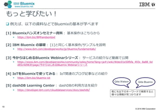 © 2016 IBM Corporation
19
IBM Bluemix
www.bluemix.net
もっと学びたい！
 例えば、以下の資料などでBluemixの基本が学べます
[1] Bluemixハンズオンセミナー資料： 基本操作はこちらから
 https://ibm.biz/BMhandsontext
[2] IBM Bluemix の基礎： [1]と同じく基本操作/サンプルを説明
 http://www.ibm.com/developerworks/jp/bluemix/fundamentals/
[3] 今からはじめるBluemix Webinarシリーズ： サービスの紹介など動画で公開
 https://www.ibm.com/developerworks/community/wikis/home?lang=ja#!/wiki/Wdec01e50fbfa_493c_8a88_6d
d85c4d983f/page/今からはじめるBluemix Webinarシリーズ
[4] IoTをBluemixで使ってみる： IoT関連のブログ記事などの紹介
 https://ibm.biz/bluemix-iot
[5] dashDB Learning Center： dashDBの利⽤方法を紹介
 https://developer.ibm.com/clouddataservices/docs/dashdb/
Qiita Watson Qiita Bluemix
他にも以下のキーワードで検索すると
様々な情報が見つかります
 
