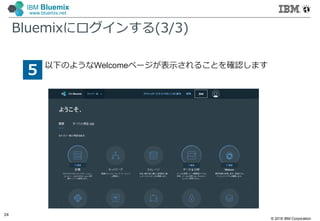 © 2016 IBM Corporation
24
IBM Bluemix
www.bluemix.net
Bluemixにログインする(3/3)
5 以下のようなWelcomeページが表示されることを確認します
 
