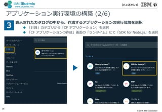 © 2016 IBM Corporation
26
IBM Bluemix
www.bluemix.net
アプリケーション実行環境の構築 (2/6)
表示されたカタログの中から、作成するアプリケーションの実行環境を選択
 「計算」カテゴリから「CF アプリケーション」を選択
 「CF アプリケーションの作成」画面の「ランタイム」にて「SDK for Node.js」を選択
3
【ハンズオン1】
 