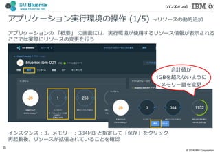 © 2016 IBM Corporation
35
IBM Bluemix
www.bluemix.net
アプリケーションの 「概要」 の画面には、実行環境が使⽤するリソース情報が表示される
ここでは実際にリソースの変更を行う
インスタンス : 3、メモリー : 384MB と指定して「保存」をクリック
再起動後、リソースが拡張されていることを確認
アプリケーション実行環境の操作 (1/5) ～リソースの動的追加
合計値が
1GBを超えないように
メモリー量を変更
【ハンズオン1】
 