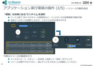 © 2016 IBM Corporation
36
IBM Bluemix
www.bluemix.net
「概要」の右隣にある｢ランタイム｣を選択
 ページ上部で CPU やメモリーの使⽤率など、インスタンスの詳細情報が確認可能
 先程インスタンスを増やしたので、リストには3行が表示される
今度はリソースの縮退を行う
 インスタンス : 1、メモリー : 256MB と指定して「保存」をクリック
 リソースは増やすだけでなく、減らすこともできることを確認してください
アプリケーション実行環境の操作 (2/5) ～リソースの動的追加
【ハンズオン1】
 
