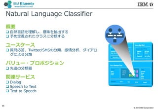 © 2016 IBM Corporation
45
IBM Bluemix
www.bluemix.net
Natural Language Classifier
概要
 自然言語を理解し、意味を抽出する
 予め定義されたクラスに分類する
ユースケース
 質問応答、Twitter/SMSの分類、感情分析、ダイアロ
グによる分類
バリュー・プロポジション
 先進の分類器
関連サービス
 Dialog
 Speech to Text
 Text to Speech
 