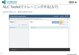 © 2016 IBM Corporation
57
IBM Bluemix
www.bluemix.net
NLC Toolkitでトレーニングする(3/7)
 アップロード・ボタンをクリック
 