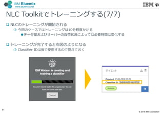 © 2016 IBM Corporation
61
IBM Bluemix
www.bluemix.net
NLC Toolkitでトレーニングする(7/7)
 NLCのトレーニングが開始される
 今回のケースではトレーニングは10分程度かかる
データ量およびサーバーの負荷状況によっては必要時間は変化する
 トレーニングが完了すると右図のようになる
 Classifier IDは後で使⽤するので覚えておく
 