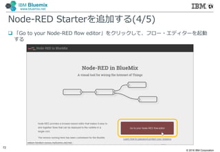 © 2016 IBM Corporation
72
IBM Bluemix
www.bluemix.net
Node-RED Starterを追加する(4/5)
 「Go to your Node-RED flow editor」をクリックして、フロー・エディターを起動
する
 