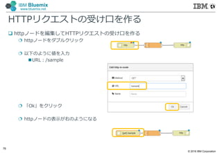 © 2016 IBM Corporation
76
IBM Bluemix
www.bluemix.net
HTTPリクエストの受け口を作る
 httpノードを編集してHTTPリクエストの受け口を作る
 httpノードをダブルクリック
 以下のように値を入力
URL：/sample
 「Ok」をクリック
 httpノードの表示が右のようになる
 