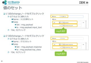 © 2016 IBM Corporation
85
IBM Bluemix
www.bluemix.net
値のセット
 1つ目のchangeノードをダブルクリック
 以下のように値を入力
Name：入力文章セット
Rules
 Set：msg.payload
 to：msg.payload.input_text
 「Ok」をクリック
 2つ目のchangeノードをダブルクリック
 以下のように値を入力
Name：クラスセット
Rules
 Set：msg.payload.response
 to：msg.payload.top_class
 「Ok」をクリック
msgを選択
msgを選択
 