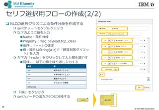 © 2016 IBM Corporation
92
IBM Bluemix
www.bluemix.net
セリフ選択⽤フローの作成(2/2)
 NLCの選択クラスによる条件分岐を作成する
 switchノードをダブルクリック
 以下のように値を入力
Name：条件分岐
Property：msg.payload.top_class
条件：「==」のまま
値：属性はString(a-z)で「糖質制限ダイエッ
ト」を入力
 左下の「+rule」をクリックして入力欄を増やす
同様に、以下の値を繰り返し入力する
 「Ok」をクリック
 swithノードの出力が6つに分岐する
条件 値
== 雑穀米ダイエット
== 食事制限ダイエット
== 運動ダイエット
== ダイエットの種類
otherwise
 