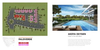 Close to the city, yet away from the hustle. At the heart of nature,
and with nature at its heart, AKOYA Oxygen melts away the bustle
of urban life with an ecosystem that’s unique in every way. The
community will offer cleaner air, naturally cooler temperatures and
a carefully designed master plan and road network system, with
dedicated spaces for bicycles and hybrid vehicles.
AKOYA OXYGEN
Green is the new black
PALOVERDE
V2- (PLOT)
V3- (PLOT)
 