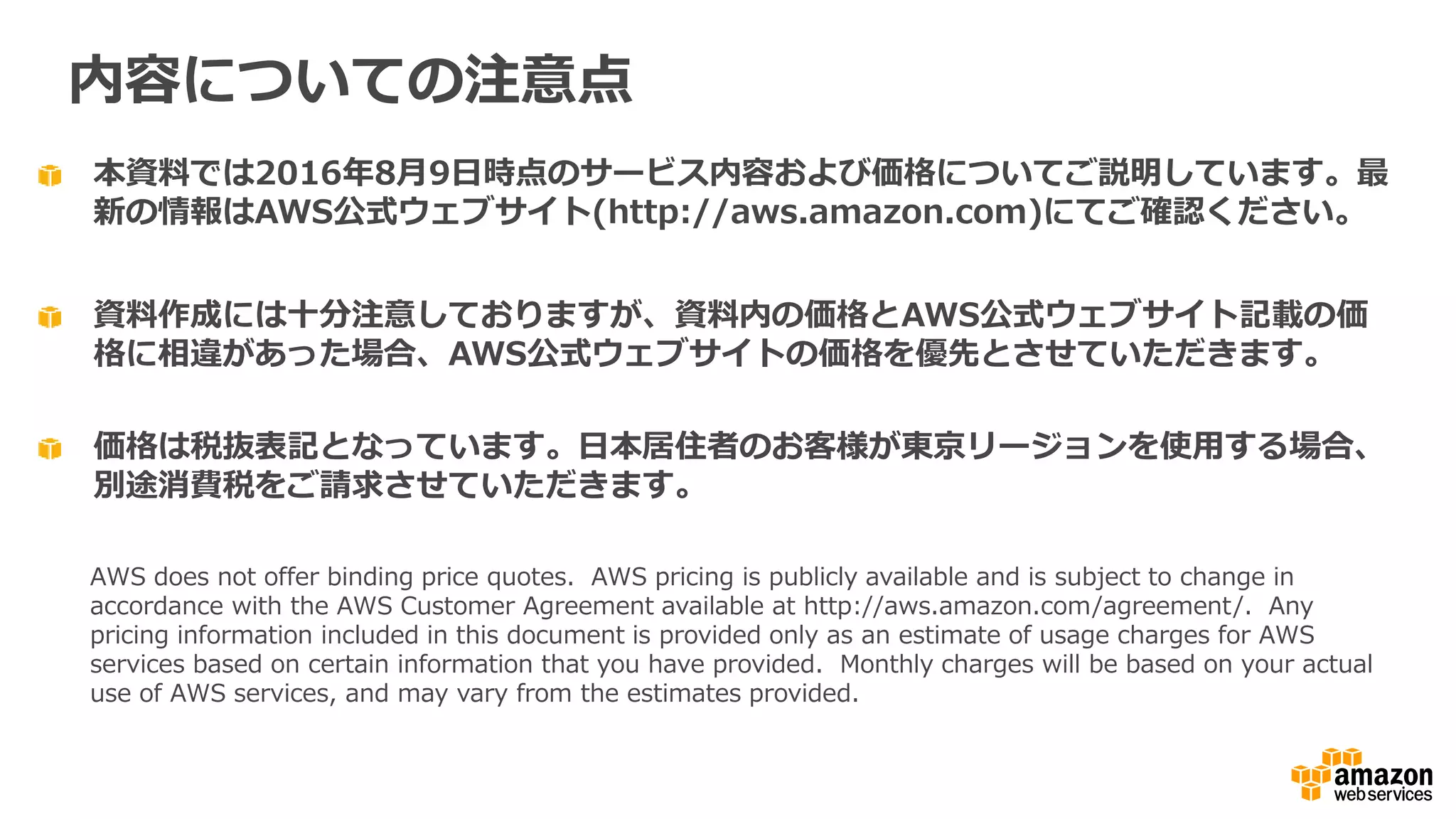 Agenda
•  背景
•  AWS Lambda
•  Amazon API Gateway
•  デモ
•  サーバーレスアーキテクチャパターン
•  サーバーレスのベストプラクティス
 